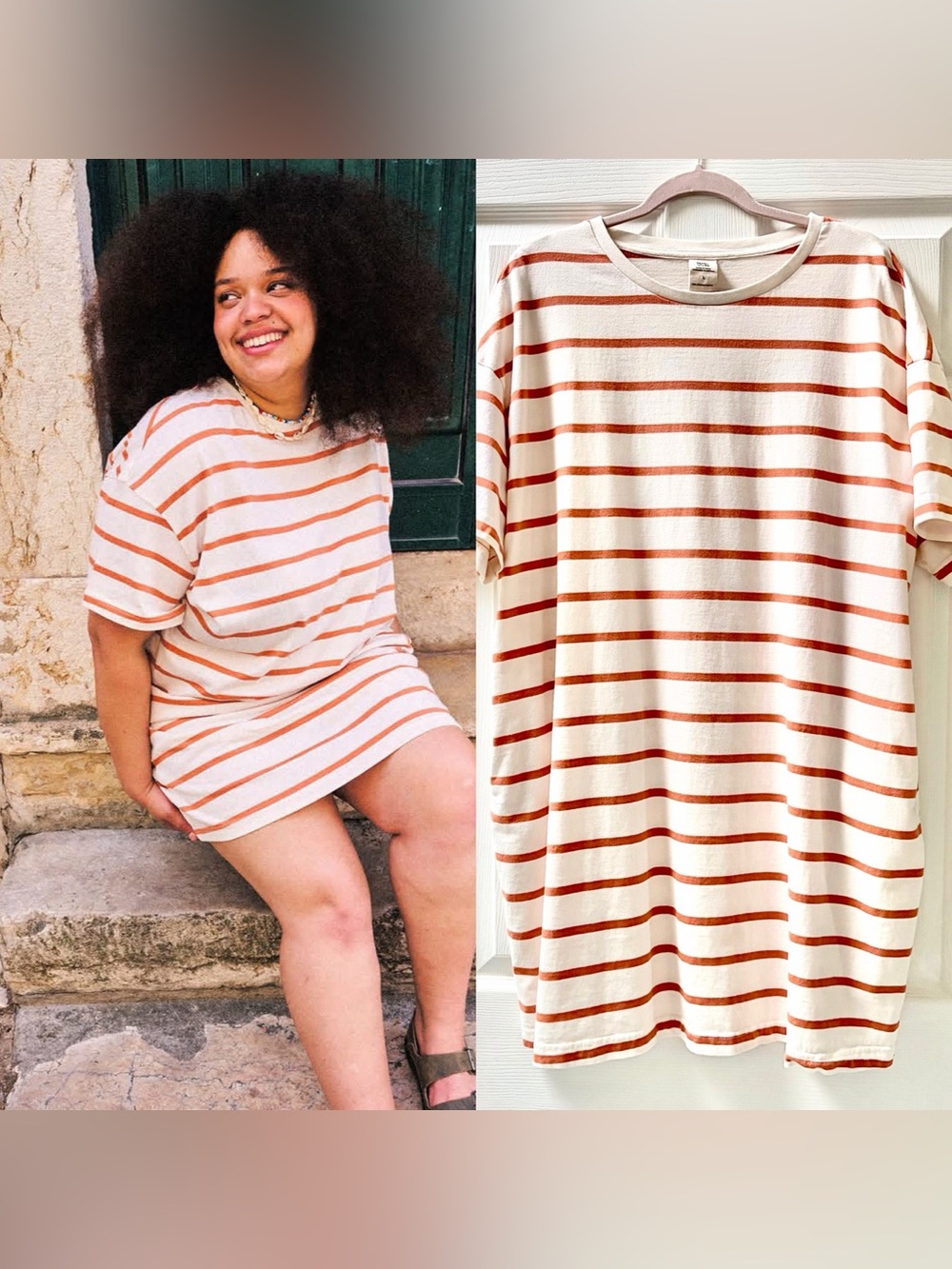 Lucy & Yak Lacey T-Shirt Dress, Orange & White Stripes, Pockets, Size Large